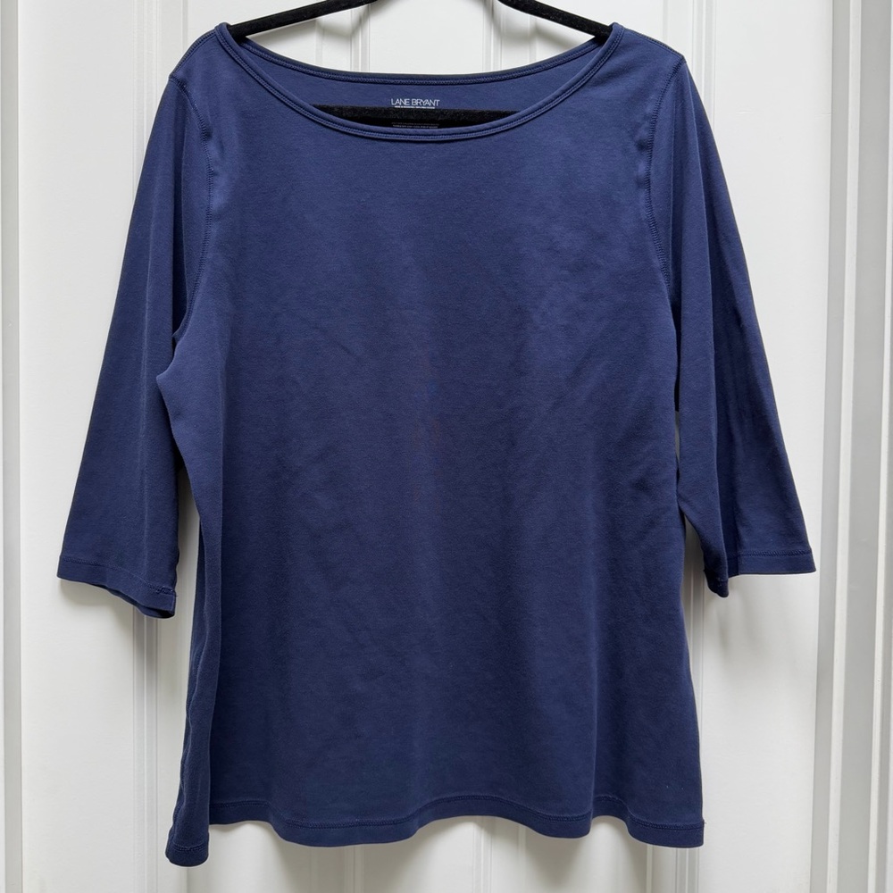 LANE BRYANT 3/4 SLEEVE BOATNECK PIMA COTTON BASIC SHIRT NEUTRAL NAVY 22/24